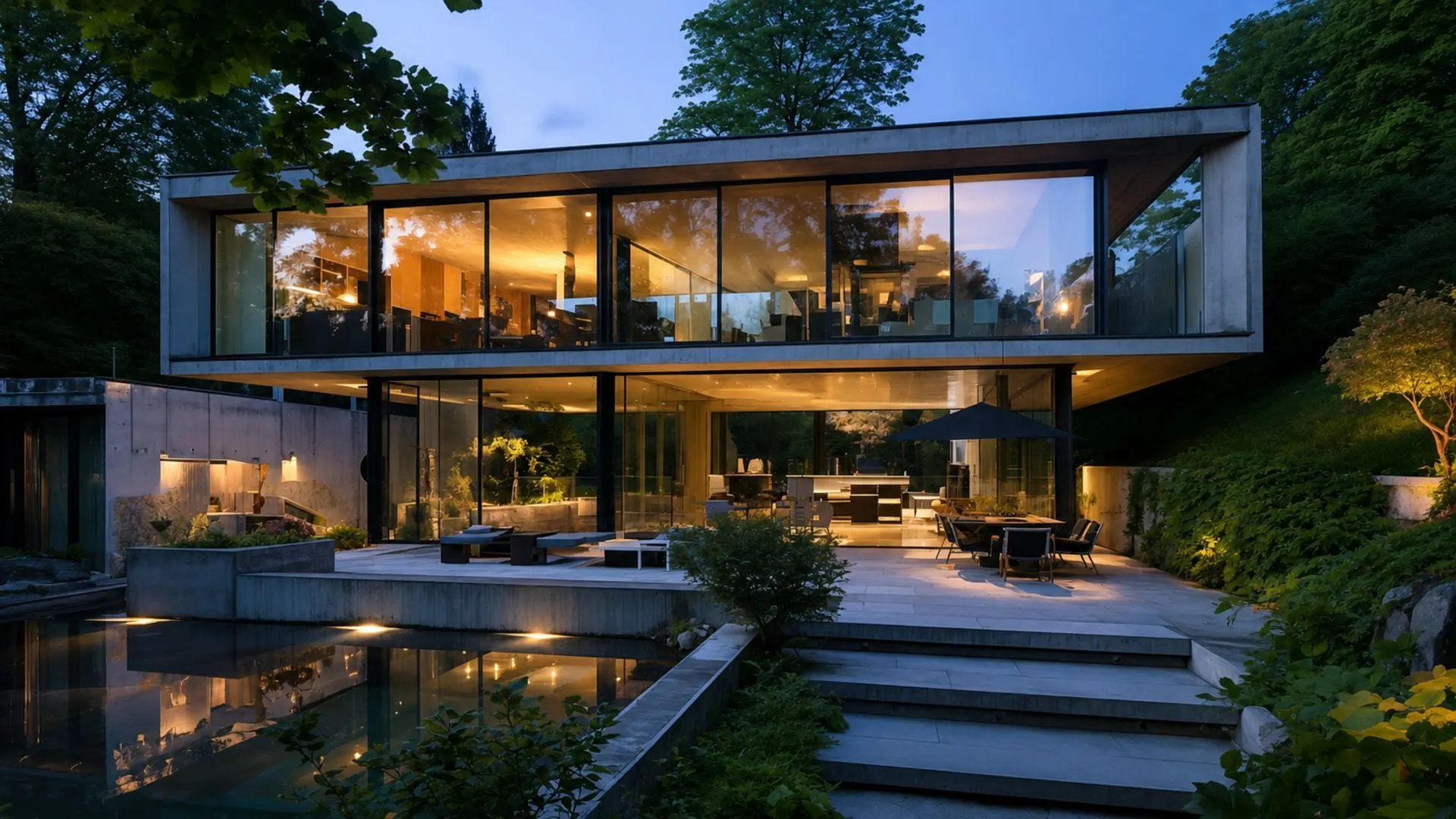 Sichtbeton und Glas verbinden sich mit Bäumen, Garten und spiegelndem Wasser