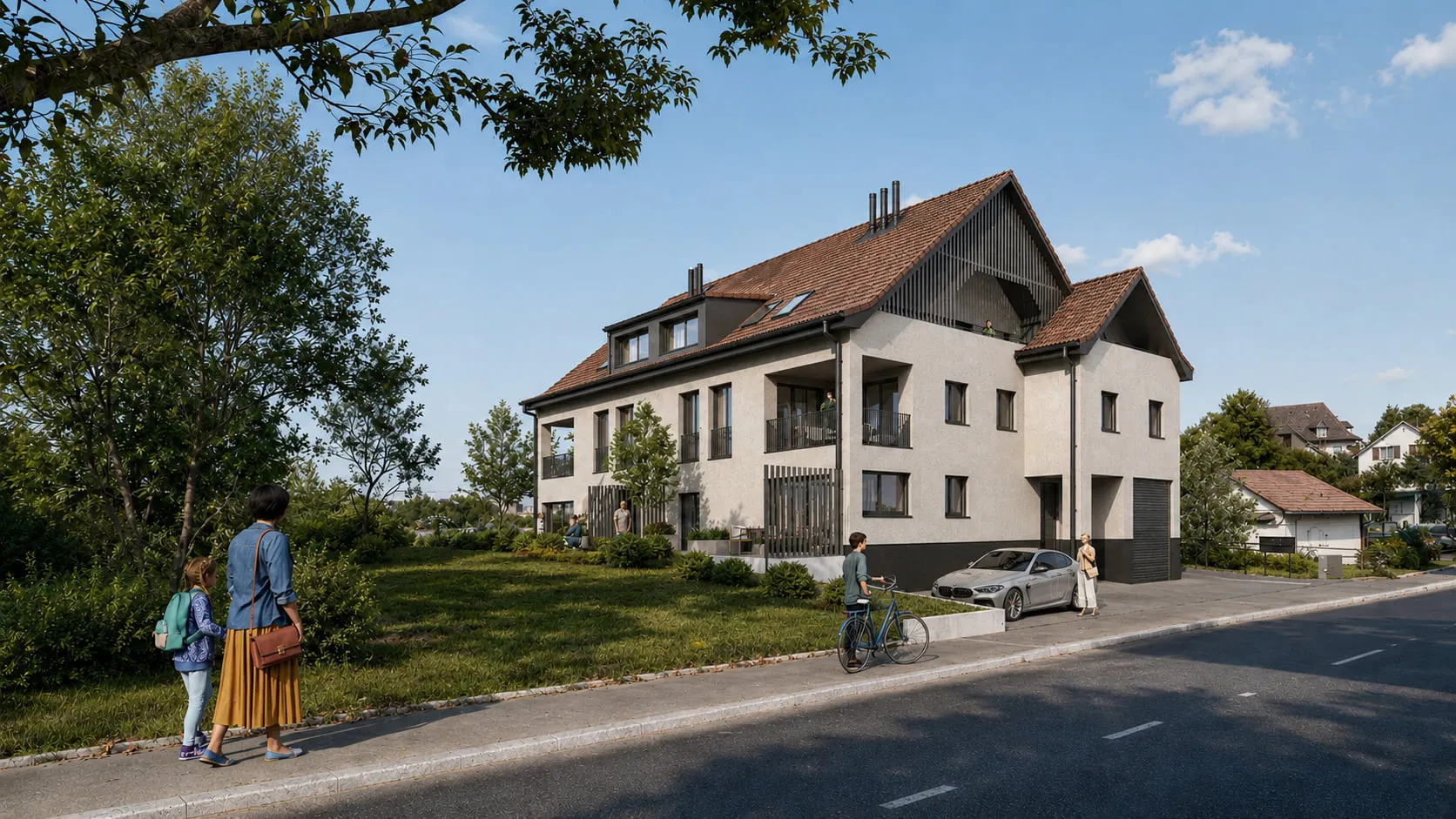 Mehrfamilienhaus mit dunklem Dach und beiger Fassade, in der Nähe einer Fussgängerzone.